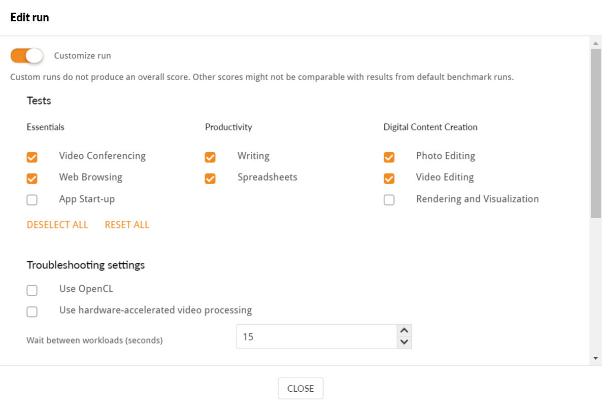 PCMARK 10 - Customize run setting Image